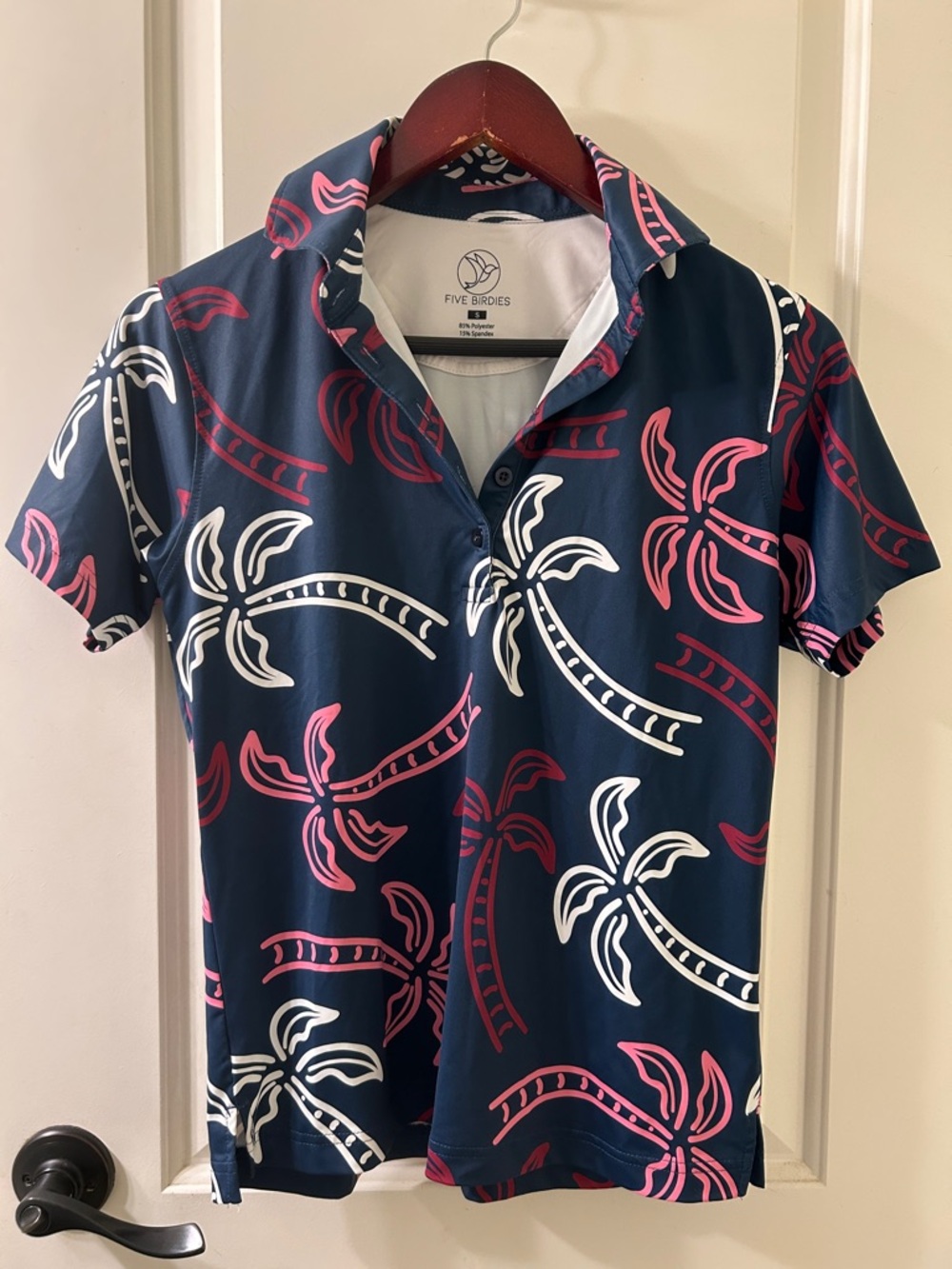 Five Birdies Women’s Navy Golf Polo with Pink & White Tropical Print, Sz S